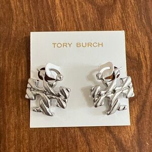 Tory Burch Metallic Silver Sculpted Logo Earrings